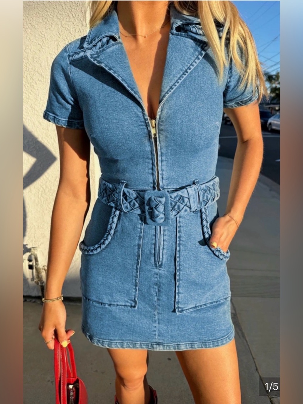 Show Me Your MuMu Light Wash Denim Mini Dress with Braided Belt - Picture 2 of 8